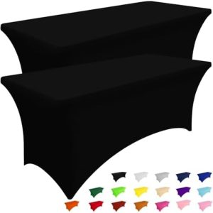 Smiry 6FT Spandex Table Cloths - Elastic Fitted, Washable & Wrinkle Free for Outdoor Events, Weddings, & Parties - Black